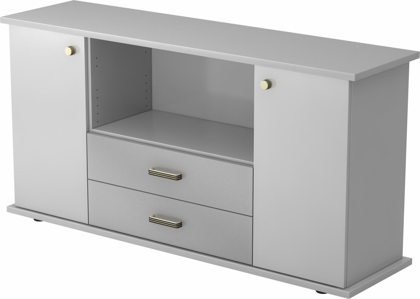 bümö Sideboard grau mit Flügeltüren & Regal - Büromöbel Sideboard mit Schubladen Holz 166cm breit, 45cm schmal, Büro Schrank für Flur oder als Wohnzimmer-Kommode mit Streifengriff, SBTS-5-5-SG Bild 1