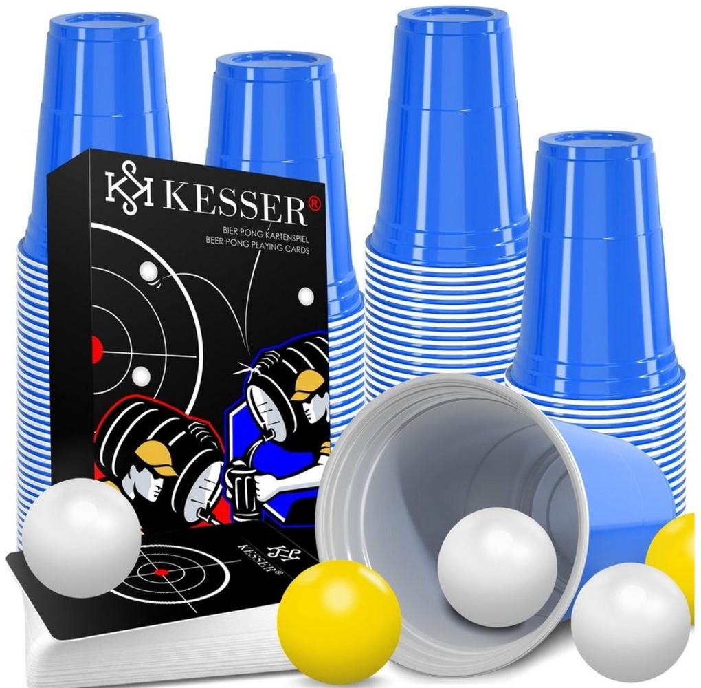 KESSER Beer Pong Becher Set mit Kartenset 54 Karten, 100 Stück, Kunststoff blau, 473 ml Bild 1