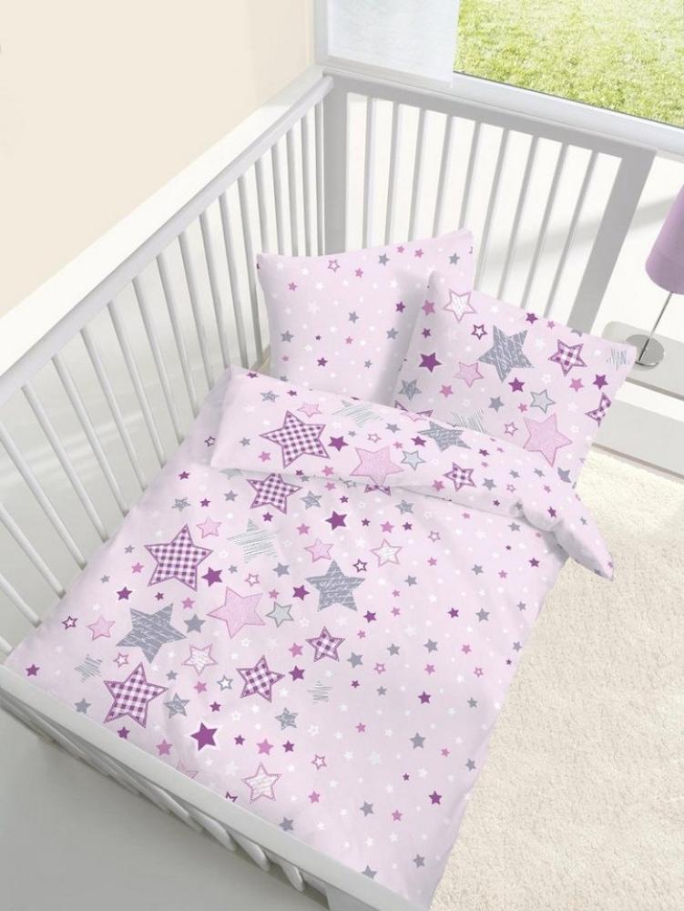 DOBNIG Babybettwäsche Baby Fein Biber Bettwäsche rosa mit Sternen 100x135 + 40x60 cm Bild 1