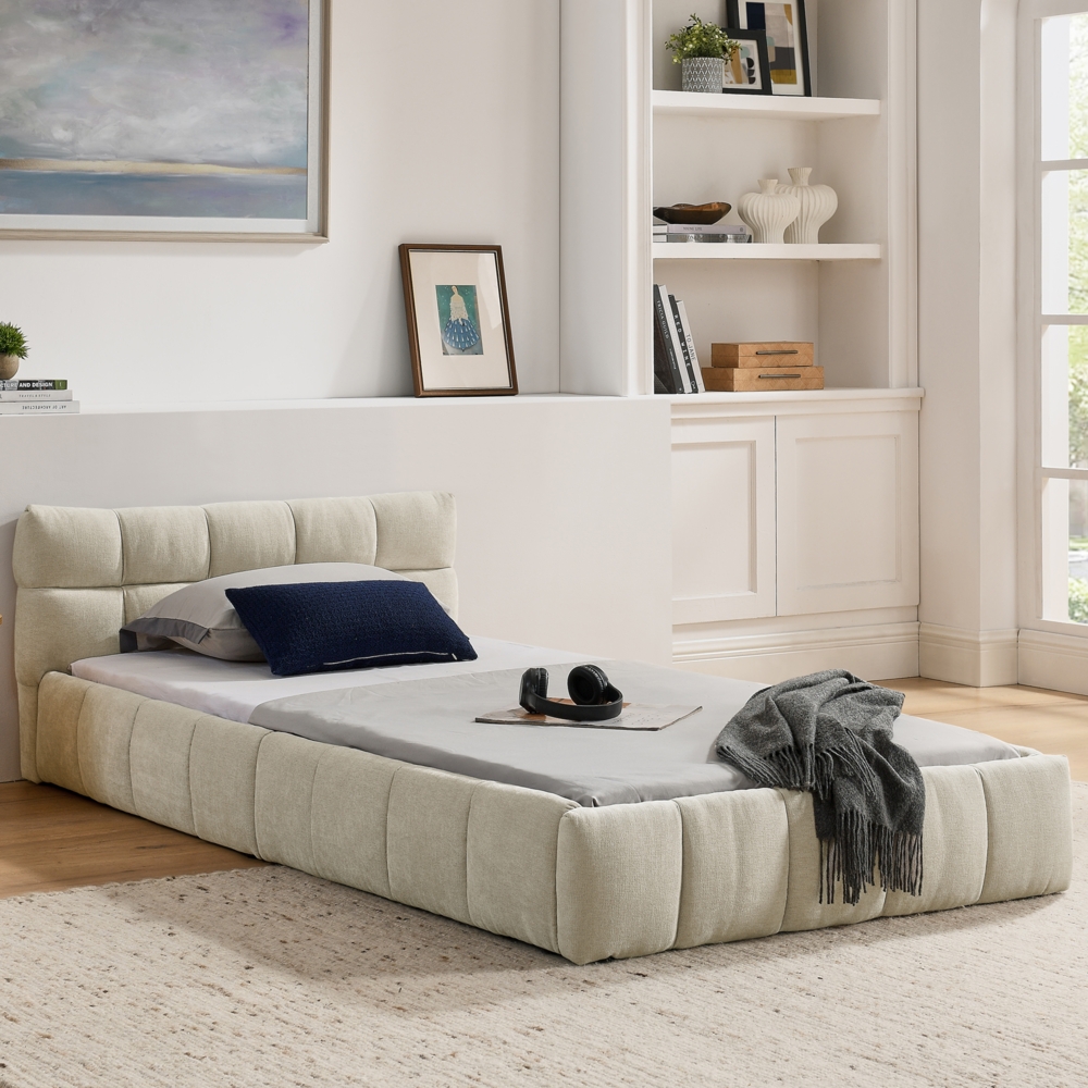 Chenille Polsterbett 90x200 cm, Beige, Eukalyptus-Holz & Eisenrahmen, 200 kg Tragkraft, Hypoallergen Bild 1