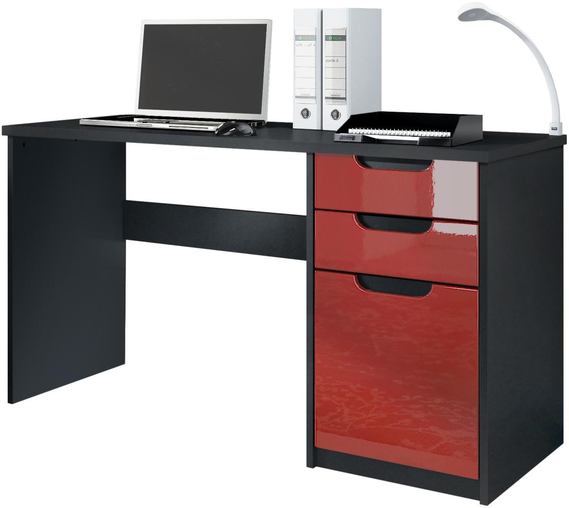 Vladon Schreibtisch Logan, Bürotisch mit 2 Schubladen und 1 Tür, Schwarz matt/Bordeaux Hochglanz (129 x 76 x 60 cm) Bild 1