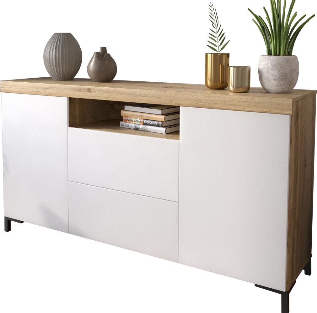 Domando Sideboard Ravello M2 Modern für Wohnzimmer Breite 164cm, Push-to-open-System, hohe schwarze Füße in Wotan Eiche und Weiß Matt Bild 1