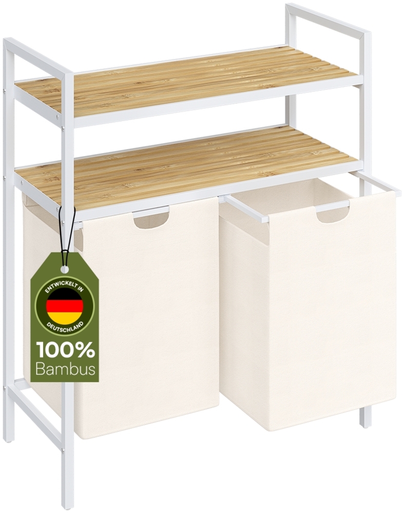 STEELSØN 'Rigil' Wäschesammler, weiß, Wäschekorb inkl. 2 Wäschesäcke je 45 Liter aus Oxford-Gewebe, ausziehbar, Wäschebox mit 2 Bambus-Ablageflächen Bild 1