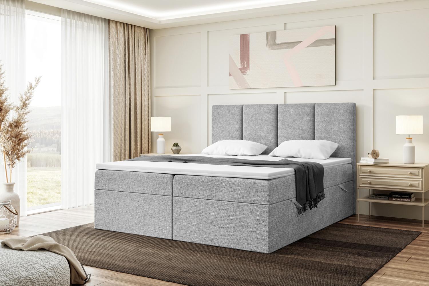 MEBLINI Boxspringbett CRISTIANO 160x200 cm mit Bettkasten - H3/Grau Webstoff Polsterbett - Doppelbett mit Topper & Taschenfederkern-Matratze Bild 1