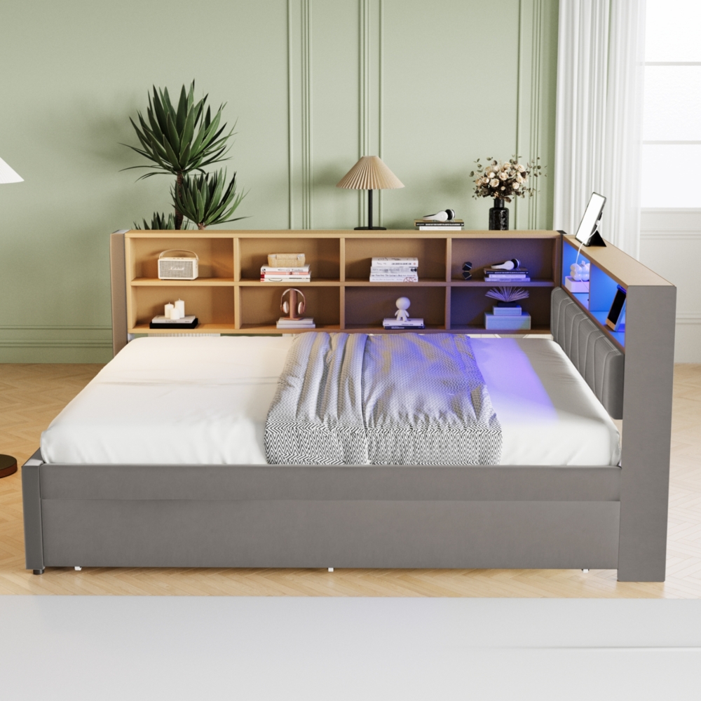 Polsterbett 140x200 cm mit Ausziehbett 90x190 cm aus Flanell, mit LED-Beleuchtung und Stauraum Bild 1