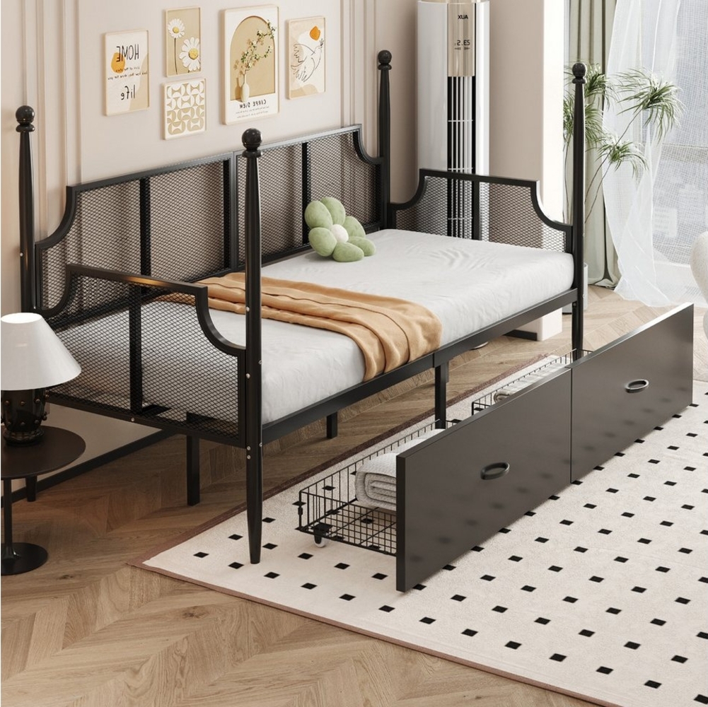 Ulife Metallbett Daybett Einzelbett Jugendbett Eisenbettsofa mit 2 Schubladen (Ohne Matratze), Netzrückenlehne und Armlehnen im Vintage-Stil, 90x200cm Bild 1