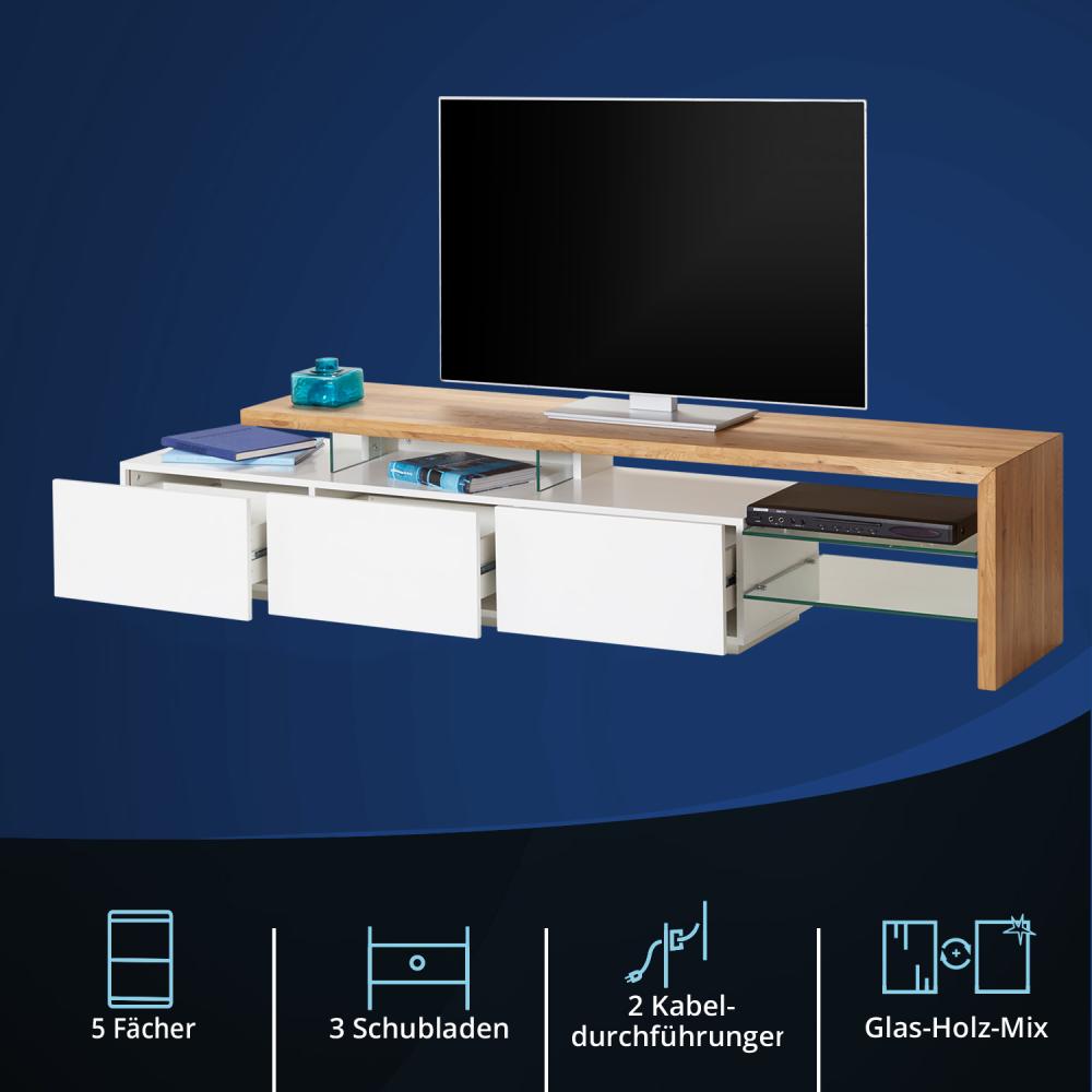 KHG Großes TV-Lowboard mit 3 Schubladen & 4 offenen Fächern, TV-Bank aus weißem Hochglanz-Holzwerkstoff foliert, Fernsehtisch im modernen Look - 204 x 44 x 40 cm (B/H/T) Bild 1