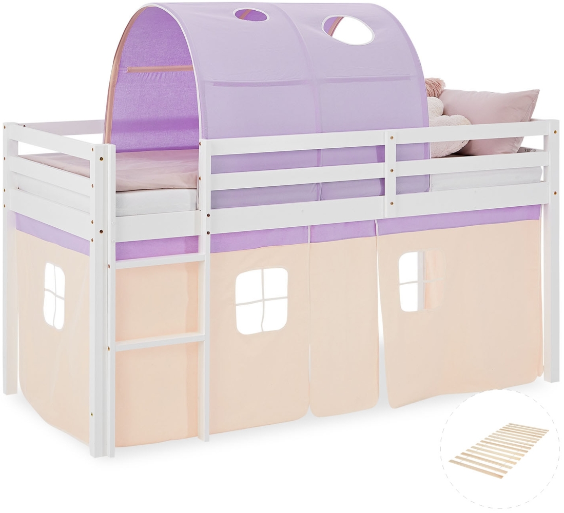 Hochbett Kinder 90x200 cm mit Lattenrost Kinderbett Kinderhochbett Stockbett Tunnel Vorhang Lila Peach Holz Massiv Bild 1