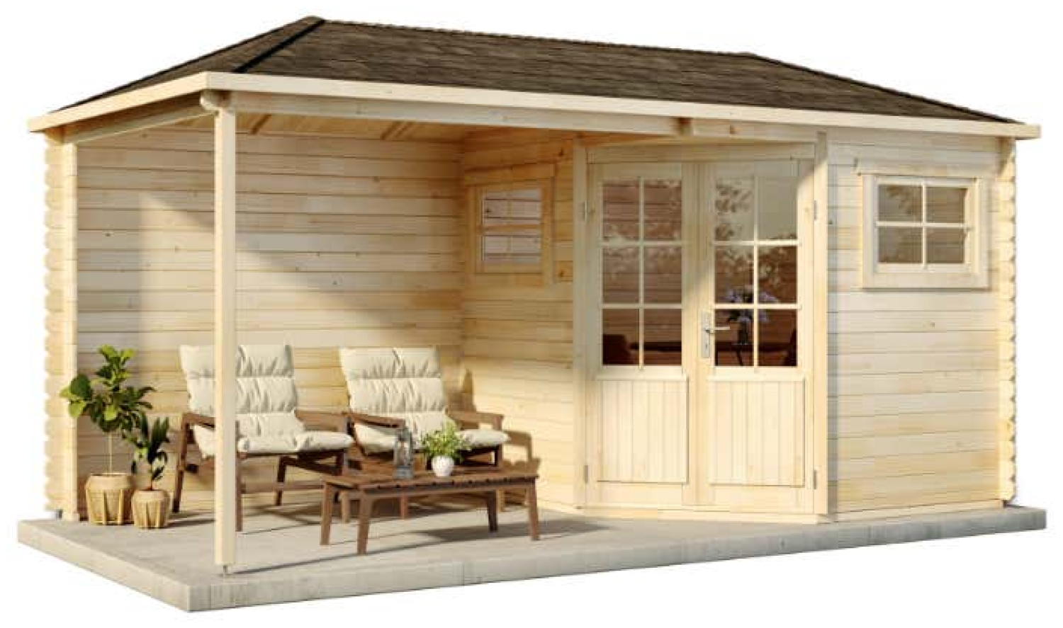 Alpholz 5-Eck Gartenhaus mit Anbau Modell Franz-28 Gartenhaus aus Holz in Braun Holzhaus mit 28 mm Wandstärke inklusive Terrasse Blockbohlenhaus mit Montagematerial Bild 1