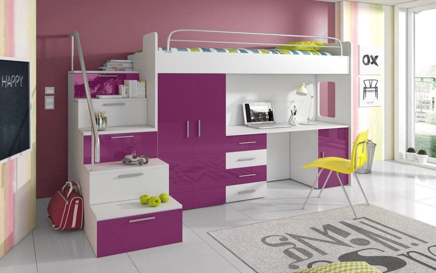 Luxusbetten24 Hochbett Kinderhochbett Dream mit Schreibtisch, Kleiderschrank und Staufächern Bild 1