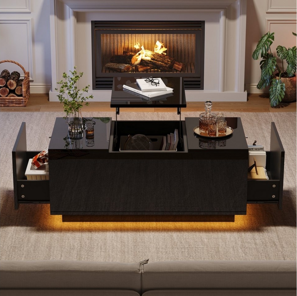 Merax Couchtisch hochglanz Lift-Top Sofatisch mit Hebeplatte (Kaffeetisch Wohnzimmertisch mit hydraulischem Hub & RGB-Funktion, 1-St, 95*48*40cm), Wohnzimmertisch mit LED-Beleuchtung, 2 Schubladen & Stauraum Bild 1