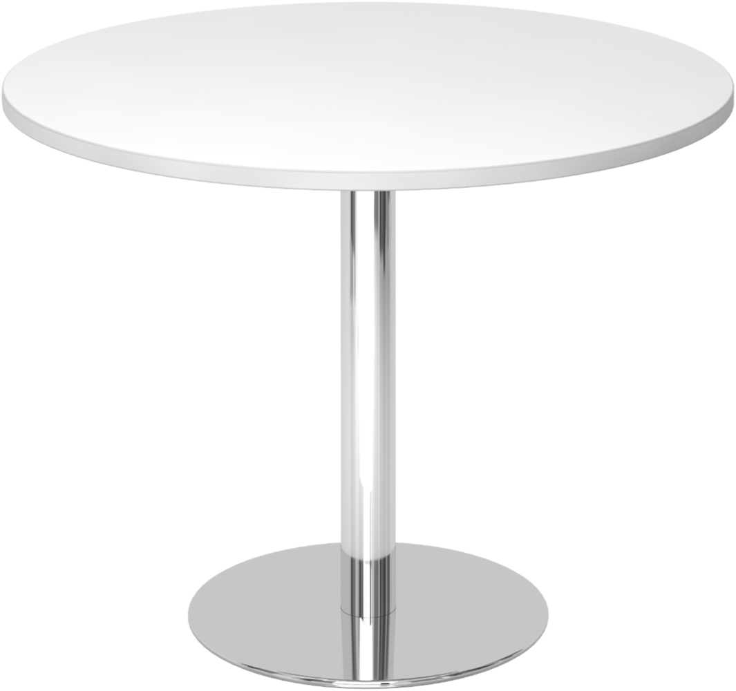 bümö Besprechungstisch, Esstisch klein, Tisch rund 100 cm - kleiner Esstisch weiß, Rundtisch Esstisch 2 Personen mit Holz-Platte, Säule aus Metall verchromt, Konferenztisch, Bistrotisch, STF10-W-C Bild 1