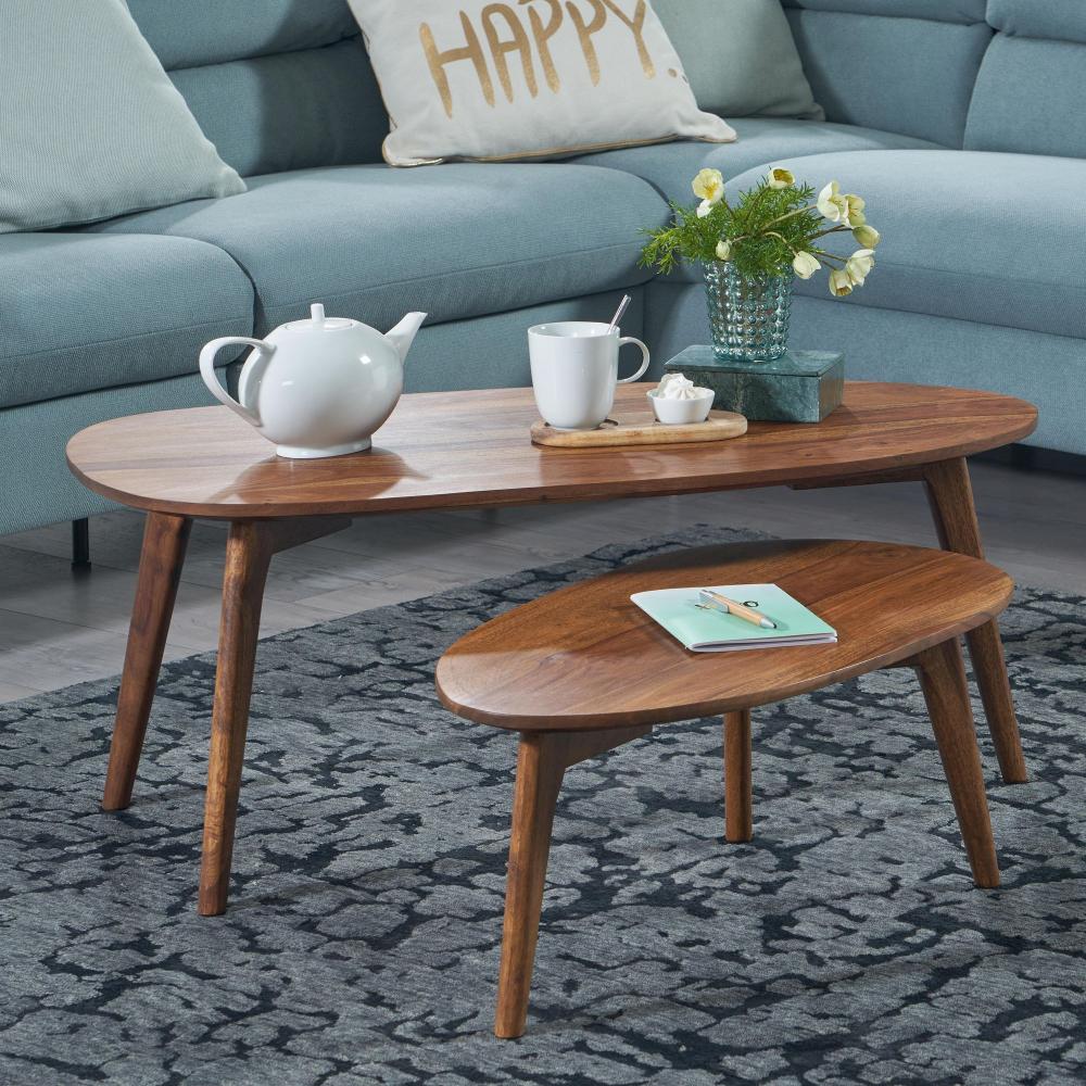 FineBuy Design Couchtisch 2er Set Massivholz Wohnzimmertisch, Satztisch Holztisch Nierenform Kaffeetisch, Retro Tischset 2-teilig Beistelltisch Holz Braun Bild 1