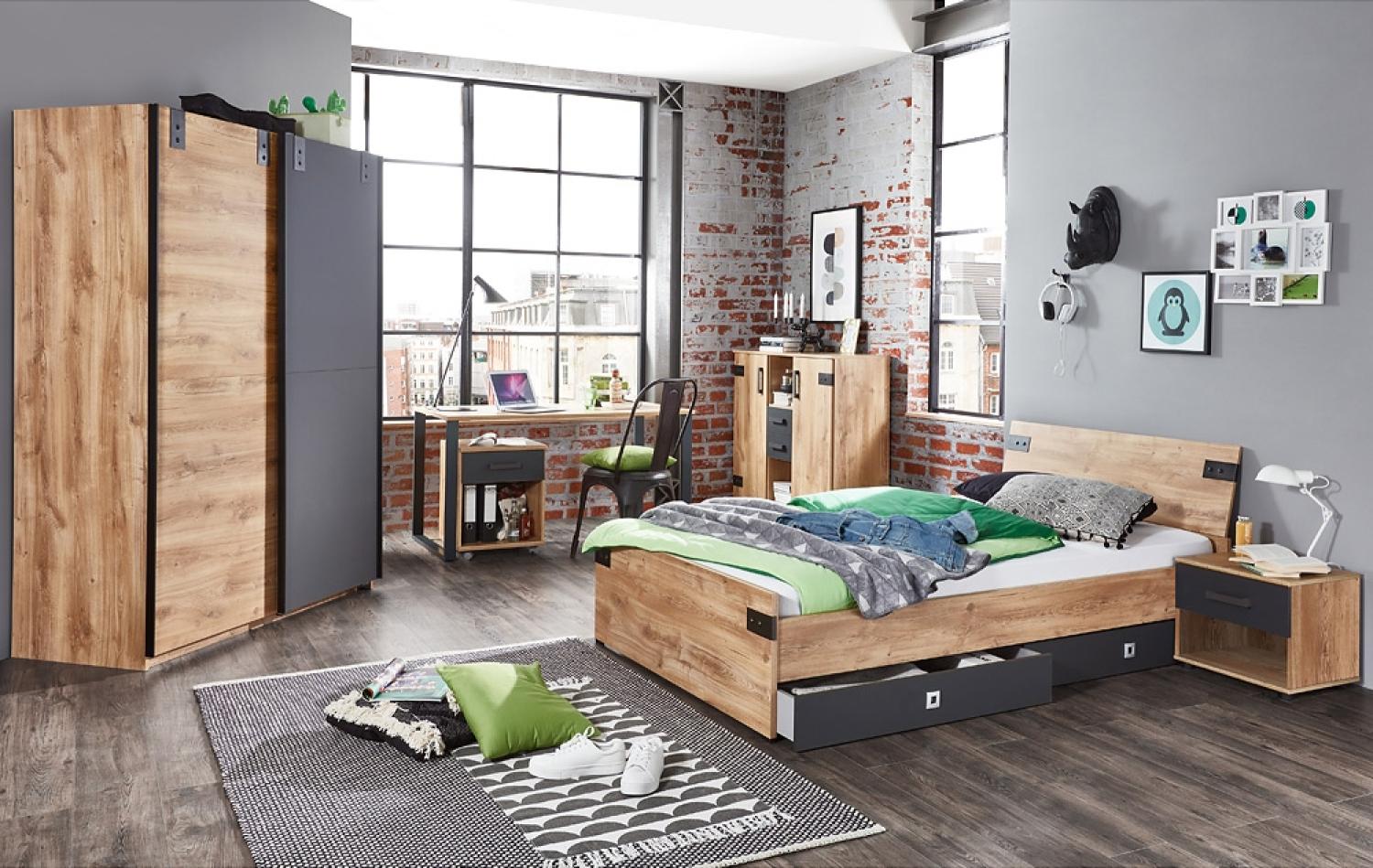 Jugendzimmer mit Schwebetüren-Kleiderschrank 180cm, Bett 120cm Kommode 124cm und Schreibtisch EVERTON-43 Bild 1