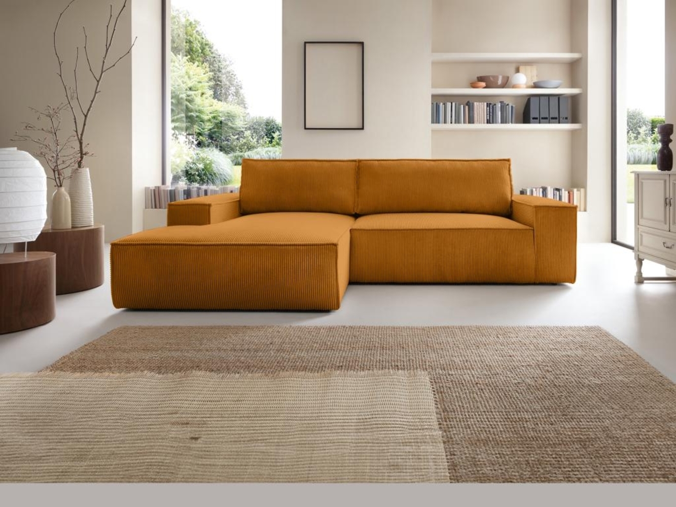 Vente-unique - Ecksofa mit Schlaffunktion - Ecke links - Cord - Hellorange - AMELIA Bild 1