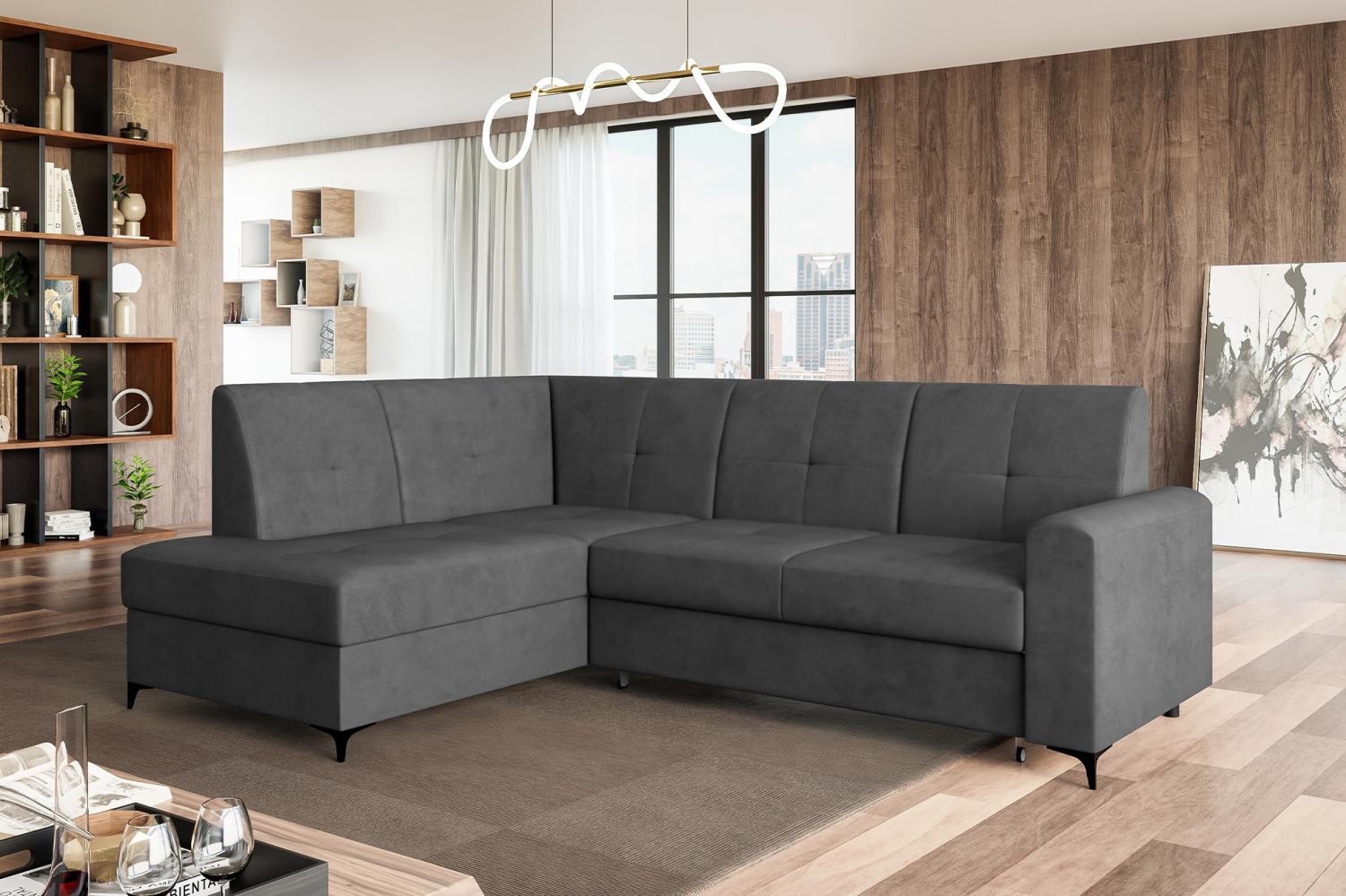 MEBLINI Schlafcouch mit Bettkasten - SCANDI - 236x171x85cm Links - Dunkelgrau Samt - Kleines Ecksofa mit Schlaffunktion - Sofa mit Relaxfunktion - Kleine Couch L-Form - Eckcouch Bild 1