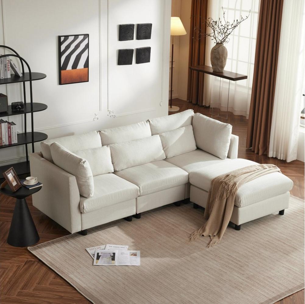 Merax 3-Sitzer mit Hocker, XXL Sofa, aus Leinen mit 2 Kissen, Sofagarnitur, Loungesofa, modulare Couch Bild 1