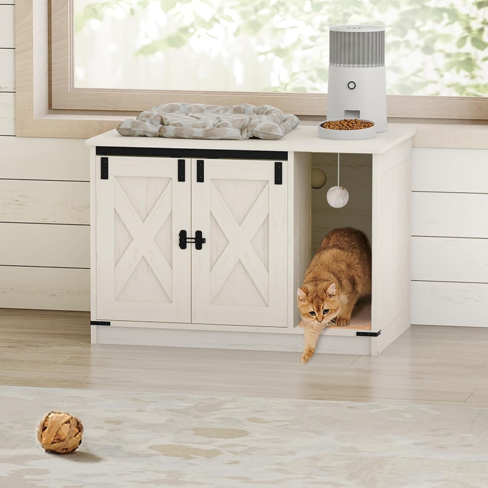 Katzenschrank, Katzentoilette, Katzenklo Schrank, Versteckte Katzentoilette Kabinett Möbel mit Katzenglocke, Indoor-Katzenhaus, 80 x 50 x 53 cm, für Flur, Schlafzimmer, Weiß Bild 1