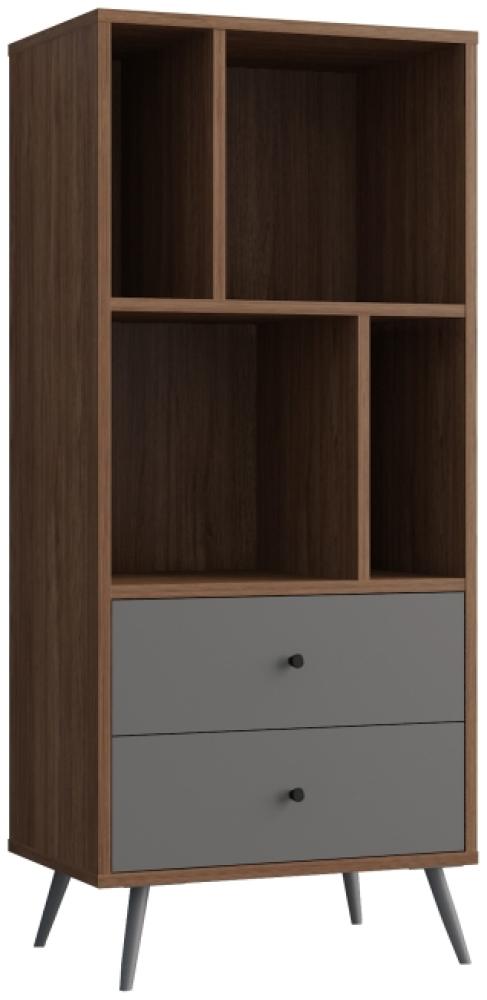 Bücherregal 60 x 40 cm MDF Grau Walnuss mit zwei Schubladen und Metallfüßen Bild 1