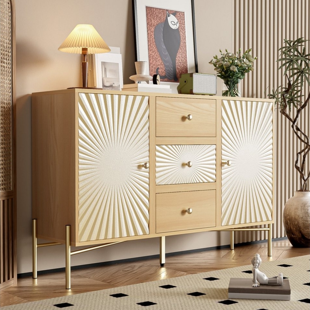 Romance Sideboard Hoher Schrank Kenia Moderne Kommode Breite 120 cm (1 tlg. für Wohn- und Esszimmer, 120x35x82 cm(BXTXH), Sonnenschein-Design, mit 2-türiger 3 Schubladen Bild 1