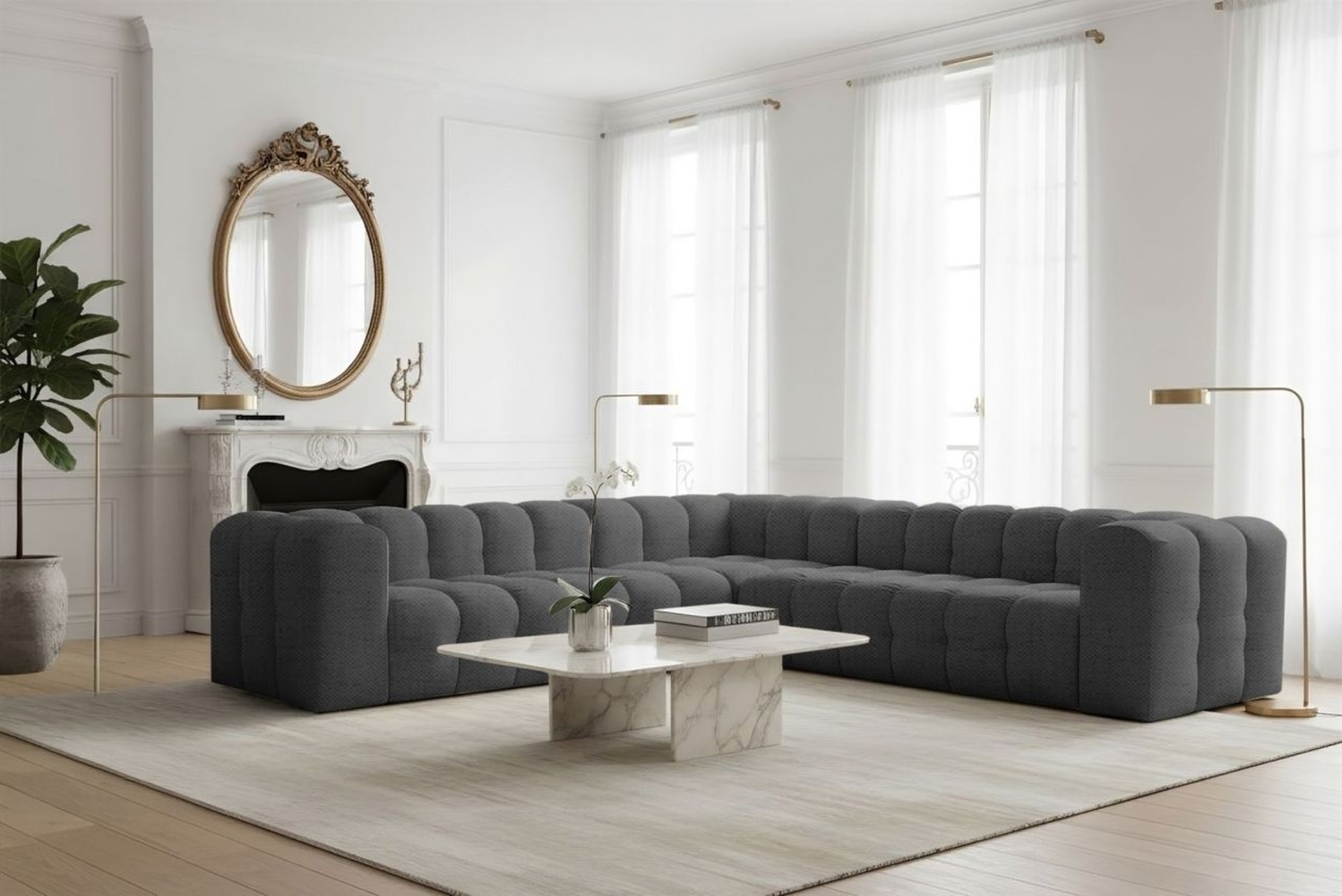 Ecksofa Designersofa SOLVIE in Stoff Moly Anthrazit Seite Universal Bild 1