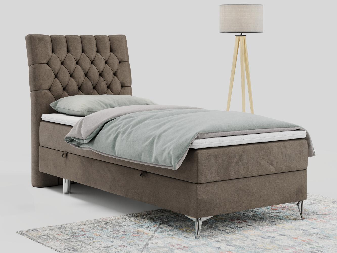 Boxspringbett MILEN, Einzelbett 90x200, Polsterbett mit Multipocket-Matratze und Topper - Braun velours - links - H4 Bild 1