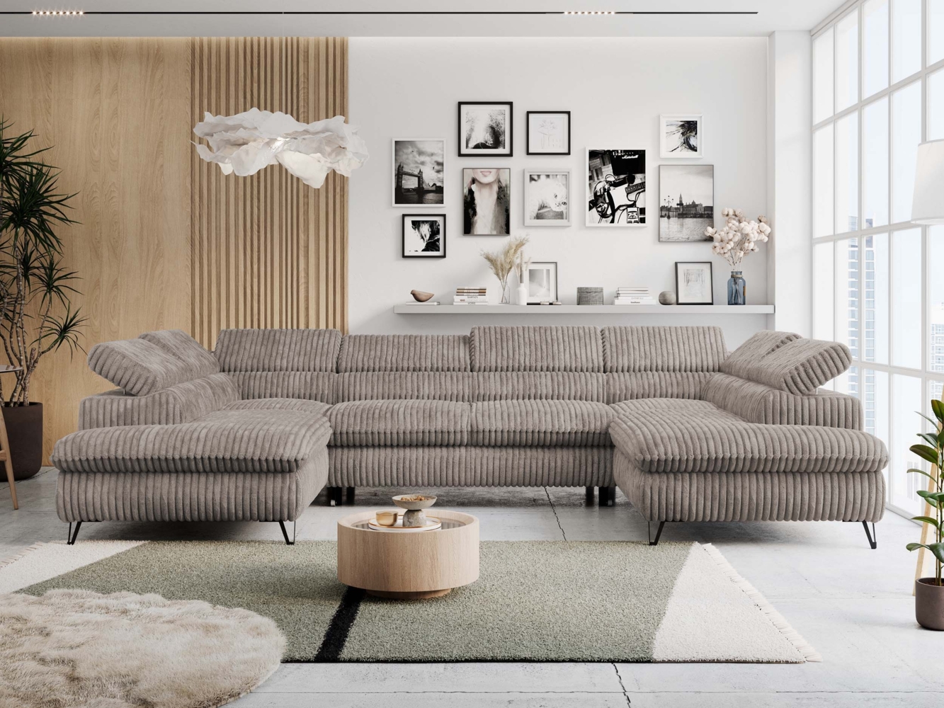 Ecksofa U-Form, mit Bettkasten, Bettfunktion und Einstellbare Kopfstützen, Sofa big XXL - PETER U - Hellbraun Cord Bild 1