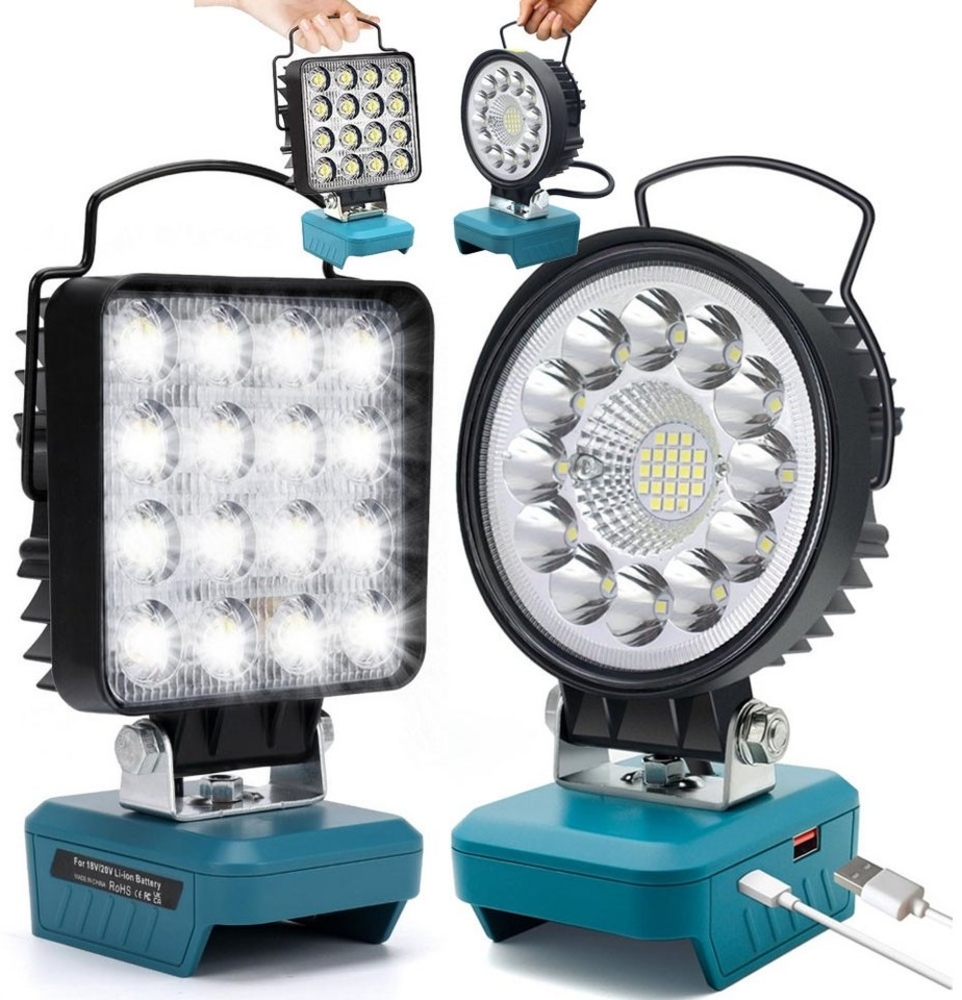 PRIISF Arbeitsleuchte Für Makita Li-ion Akku-Lampe LED Arbeitslicht Baustrahler Handlampe, Rund, Arbeitsleuchte 18V Strahler Licht, kabellose HOCHLEISTUNG Taschenlampe, Baustellen Lampe Akku Scheinwerfer mit Typ C und USB-Aufladung Bild 1