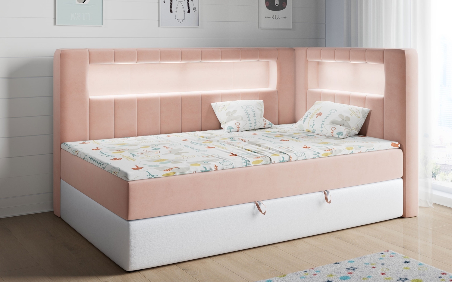 Boxspringbett mit LED, Einzelbett mit Bettkasten und Topper - JUNIOR GOLD 3 - 90x200 cm - Rosa und Weiß - Rechte Seite Bild 1