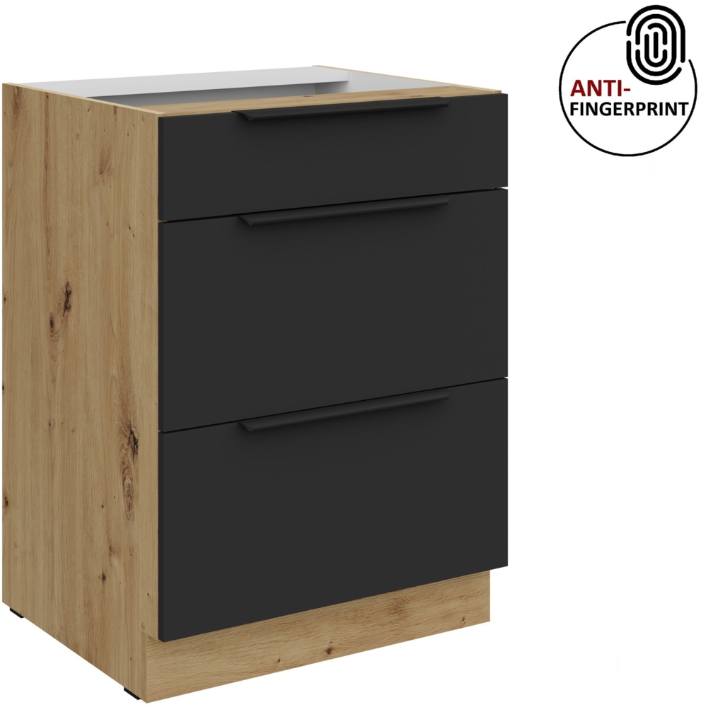 Küchen Unterschrank 60 cm Küche ARIA Schwarz ultra matt + Eiche Artisan matt, hochwertige Fronten mit Anti Fingerprint Beschichtung, Soft-Close Küchenzeile Küchenblock Bild 1