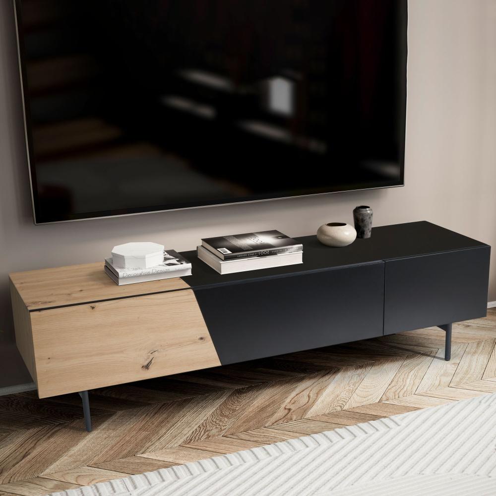 FineBuy Lowboard Schwarz 150x40x40 cm TV-Kommode, Design TV-Schrank Niedrig, Fernsehtisch Fernsehschrank mit Türen & Schublade, Fernsehkommode Wohnzimmer Modern Braun Bild 1