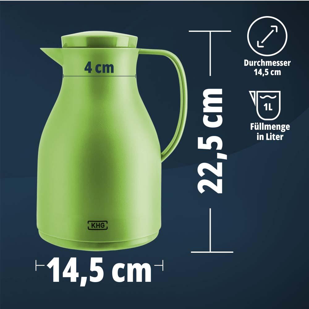 KHG Isolierkanne 1 Liter Lime-Grün Grün, Quick Press & Drehverschluss, außen Kunststoff matt, innen Glas BPA-frei, Thermoskanne 1l für heiße & kalte Getränke mit präzisem Ausgießer Bild 1