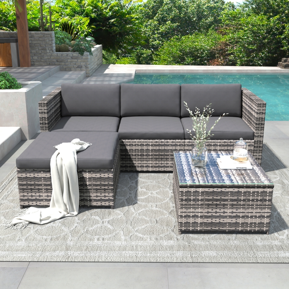 Merax Polyrattan Lounge-Sofagarnitur, Lounge-Gartenmöbel, Couchgarnitur mit Sitz- und Rückenkissen, Lounge-Tisch , Grau Bild 1