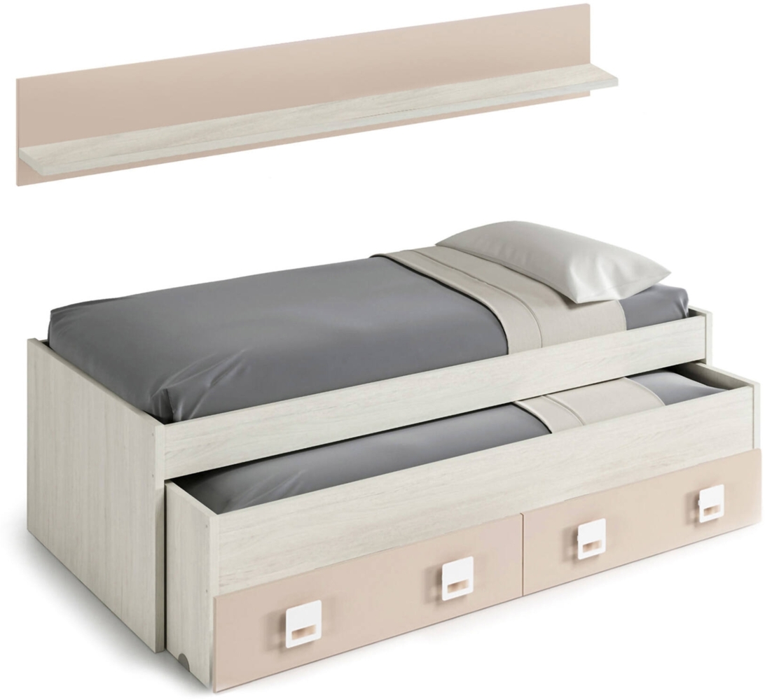 Dmora Kinderbett Asi, Bettgestell für Schlafzimmer, Einzelbett mit ausziehbarem Bett, 199 x 96 x 65 cm, Weiß und Rosa Bild 1