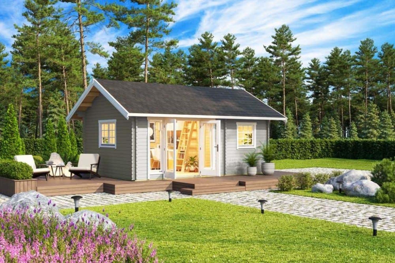 Lasita Maja Caroline Blockhaus aus Holz in Silber Holzhaus mit 40 mm Wandstärke inklusive Schlafboden Blockbohlenhaus Bild 1