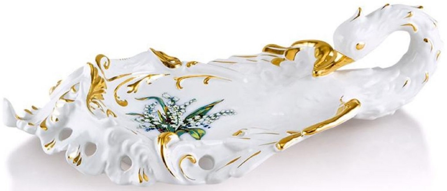 Casa Padrino Barock Serviertablett Schwan mit Lilien Weiß / Gold / Mehrfarbig 54x30 x H. 16 cm - Handbemaltes Keramik Tablett im Barockstil Bild 1