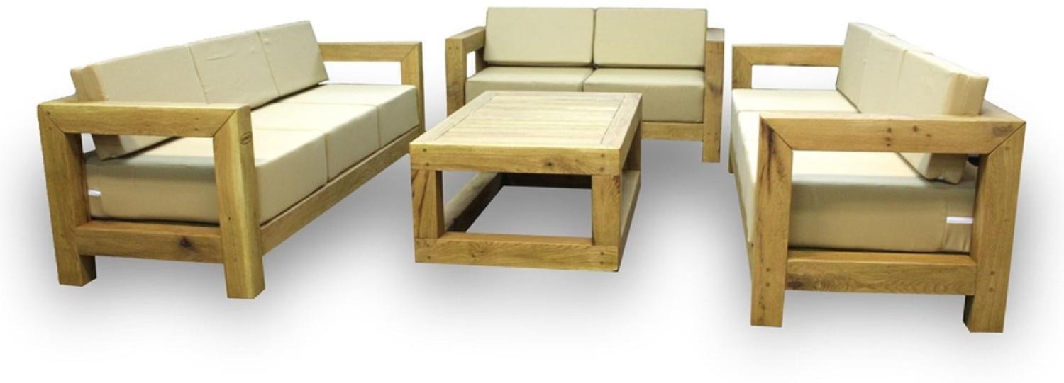 Casa Padrino Luxus Massivholz Gartenmöbel Set Beige / Naturfarben - 3 Sofas & 1 Couchtisch - Moderne Eichenholz Garten & Terrassen Möbel Bild 1