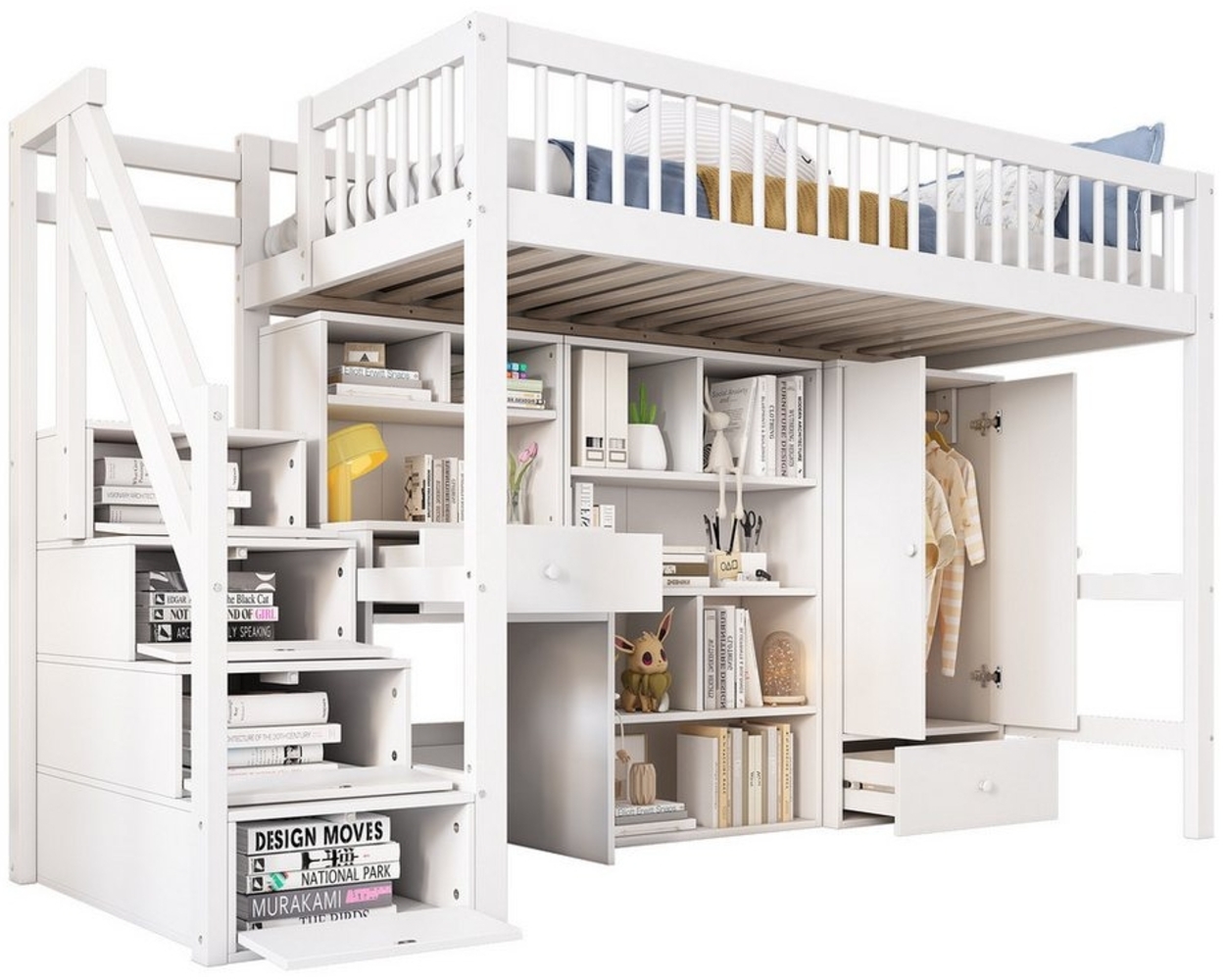 OKWISH Etagenbett Jugendbett Kinderbett (ohne Matratze, 90*200), Mit Schreibtisch, Treppe, Schließfächern, Kleiderschrank Bild 1