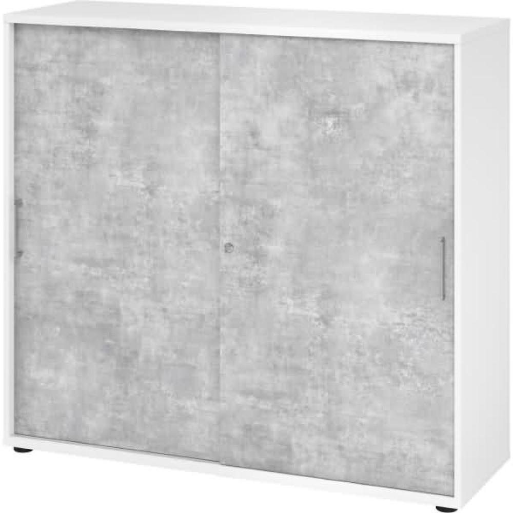 Büroschrank Aktenschrank Schiebetürenschrank, Weiß/Beton, Metallgriff, 110 x 40 x 120 cm Bild 1