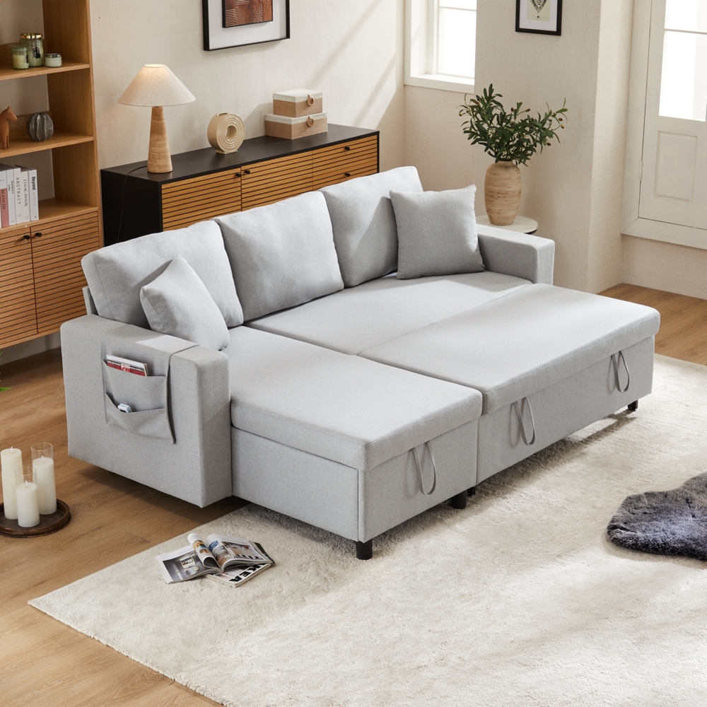 Merax Schlafsofa mit Schlaffunktion, L-förmiges Sofa, moderne Design-Polstermöbel, Sofa-Chaiselongue mit Stauraum, mit Taschenbecherhalter, Wohnzimmer-Schlafsofa, links und rechts austauschbare Chaiselongue, hellgrau Bild 1