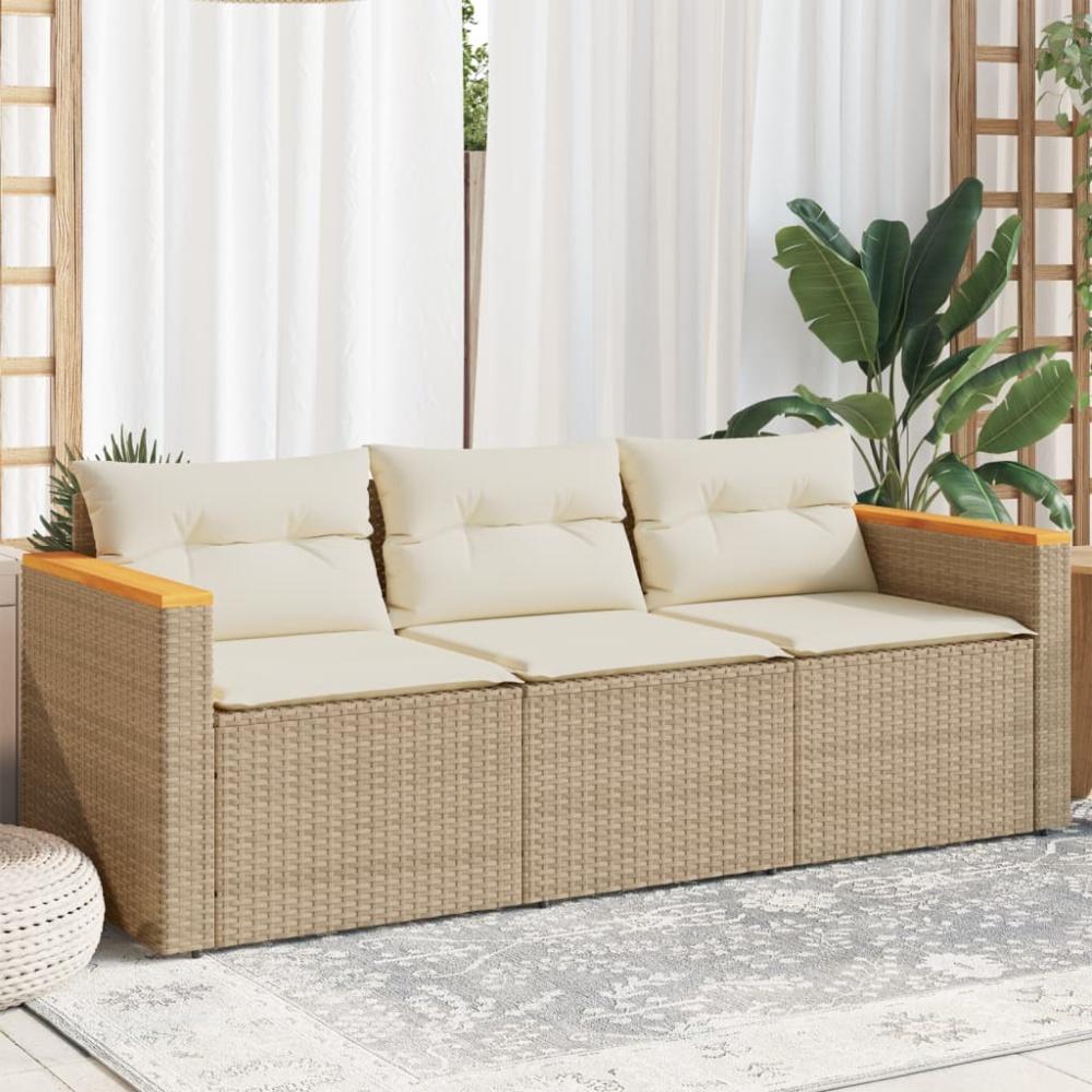 vidaXL Gartensofa mit Kissen 3-Sitzer Beige Poly Rattan Bild 1