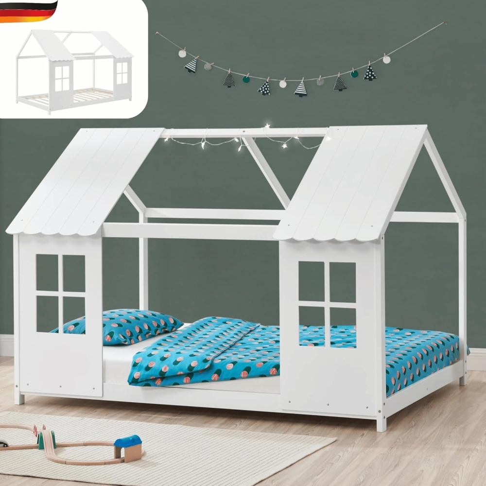 DELUKE® Kinderbett 90x200 GELO - mit Lattenrost Rausfallschutz Haus-OptikEinzelbett aus Holz Hausbett Kinderzimmer Montessori Bett Weiß Bild 1