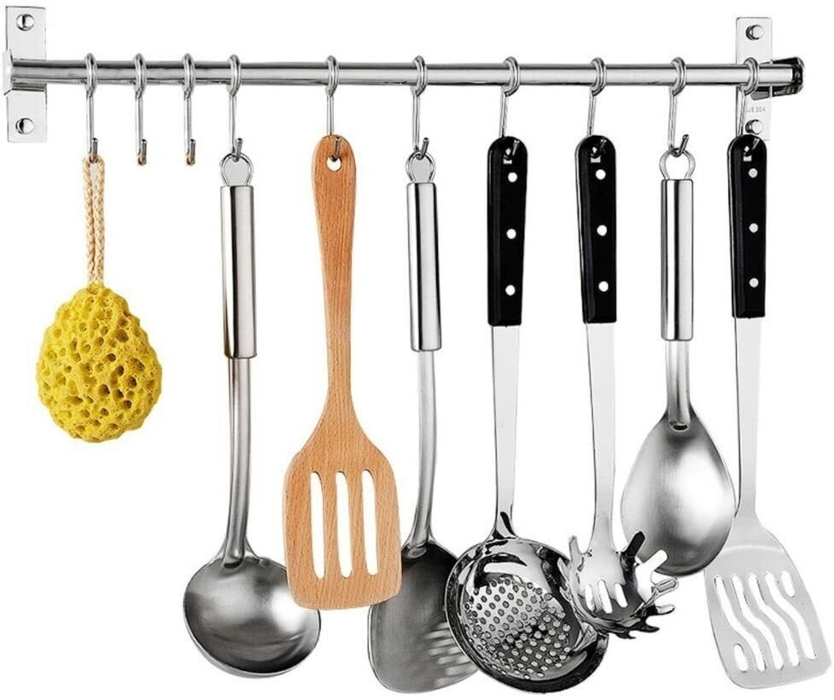 Refined Living Hakenleiste Edelstahl Küchenreling mit 12 Haken, Wandmontage, Bad Hakenleiste, (Edelstahl Hakenleiste, Wandhaken Küche, Hängeleiste Haken, Hakenleiste Wand, Küchenutensilienhalter, Küchenhaken mit Haken, Utensilienhalter Küche, Küchenhel... Bild 1