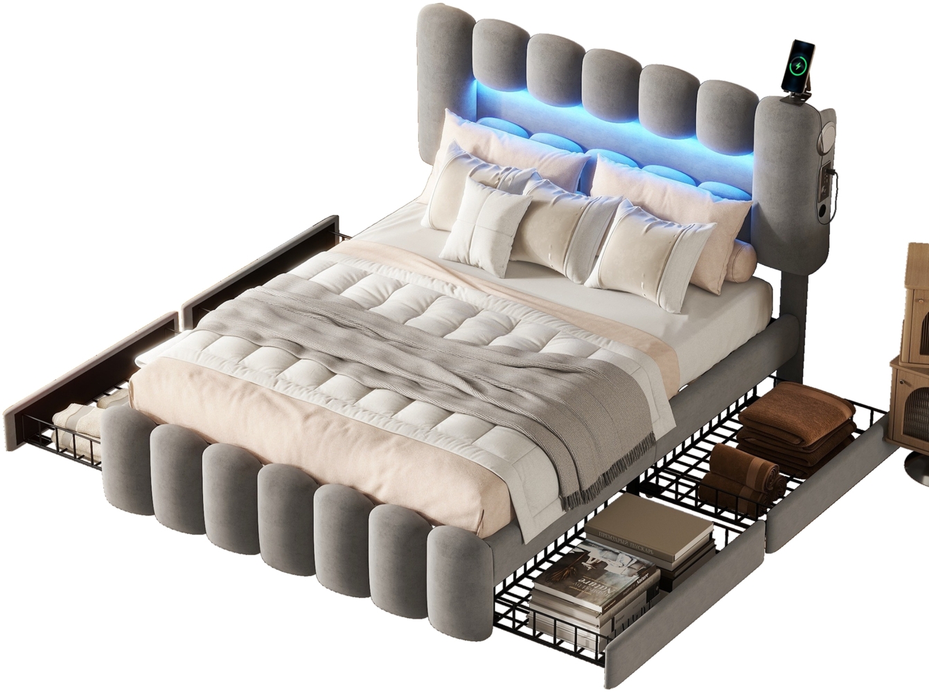 Merax Polsterbett LED Beleuchtung Doppelbett mit 4 Schubladen und USB-Aufladen 160x200cm, Samt, Grau Bild 1