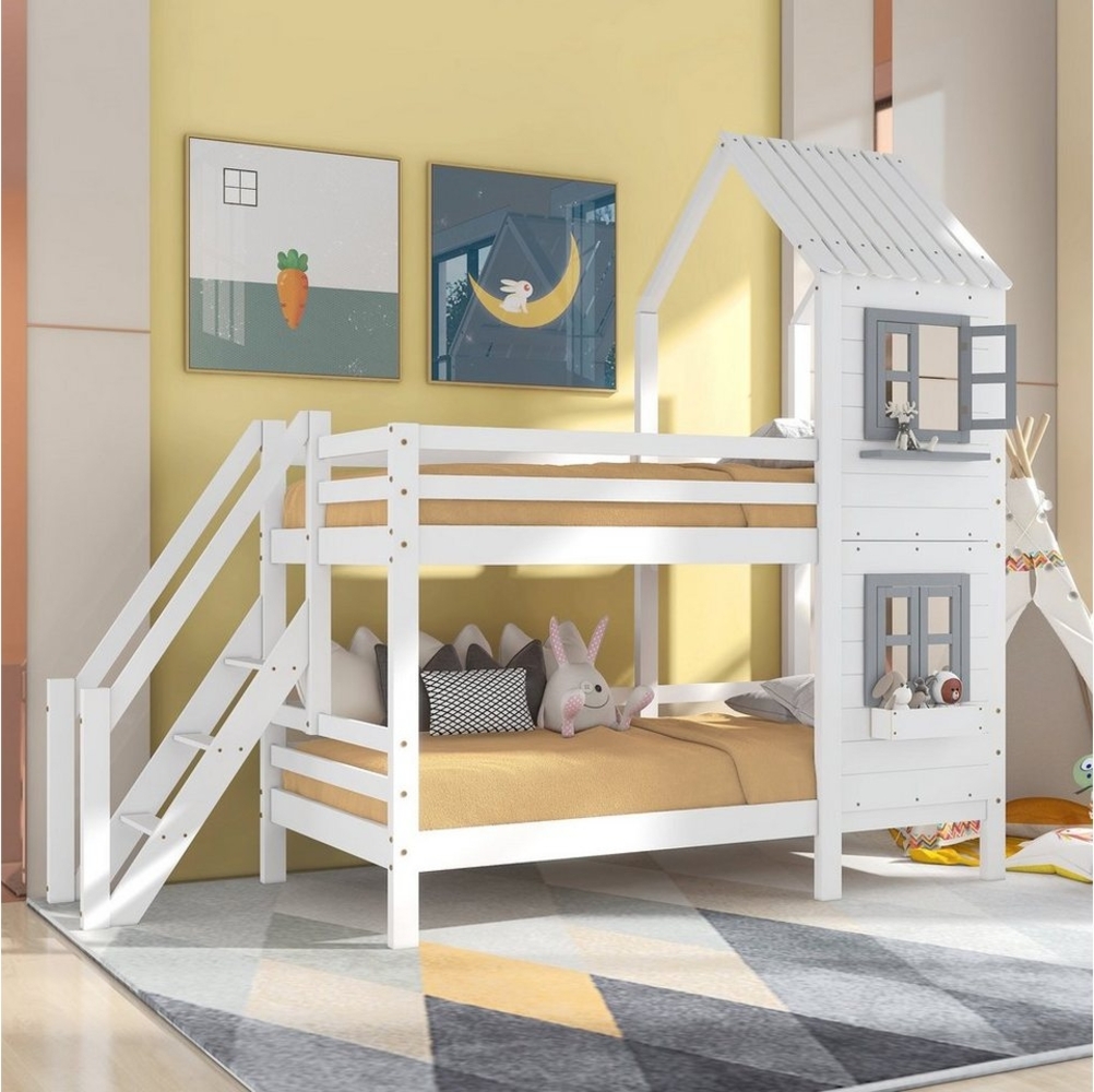 Flieks Etagenbett, Hausbett mit Fallschutz Leiter Kinderbett Kiefer 90x200 cm Bild 1