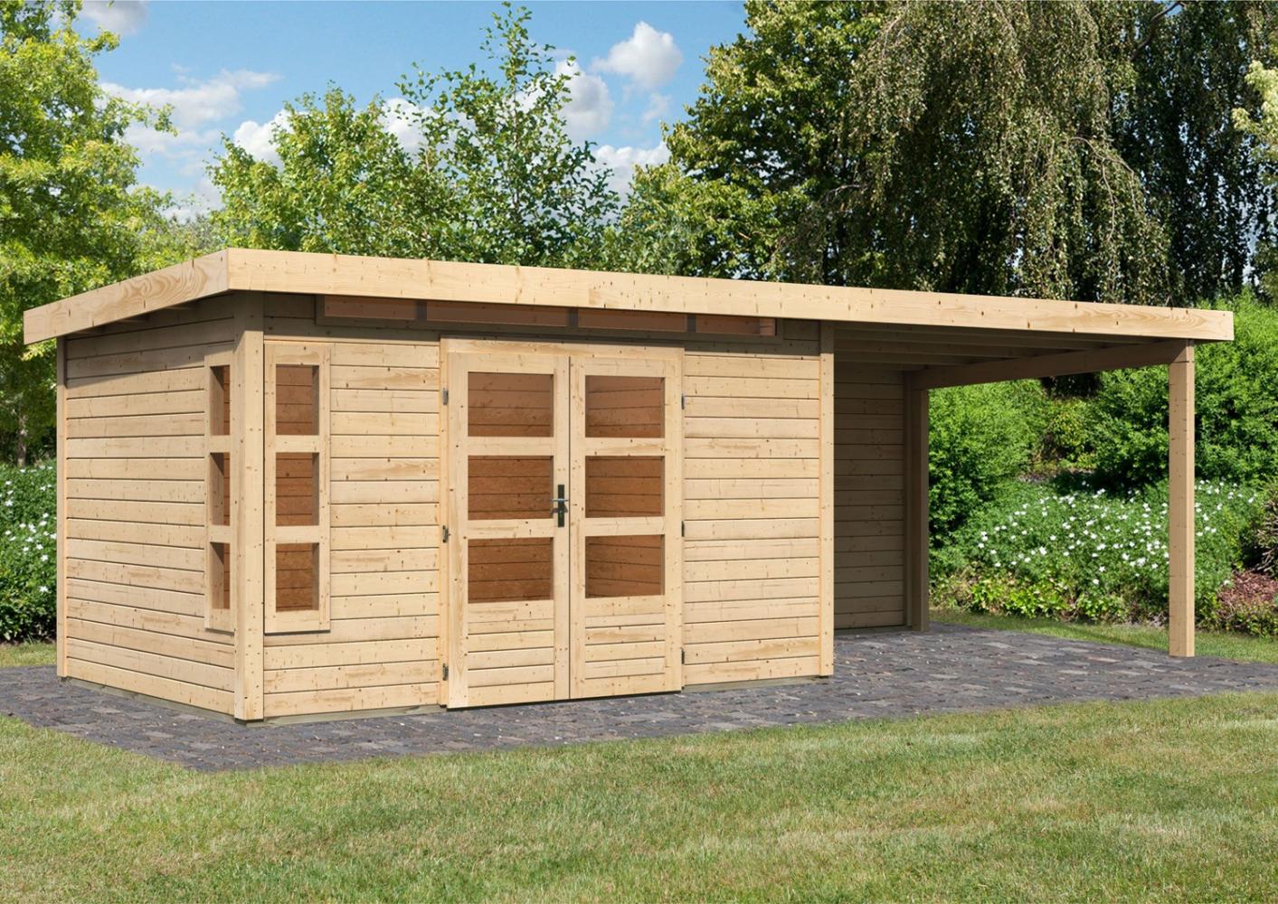 Gartenhaus Kastorf 7 - 364x244 cm plus Anbaudach 3,20m mit Rückwand, 28 mm Holz naturbelassen, Karibu Bild 1