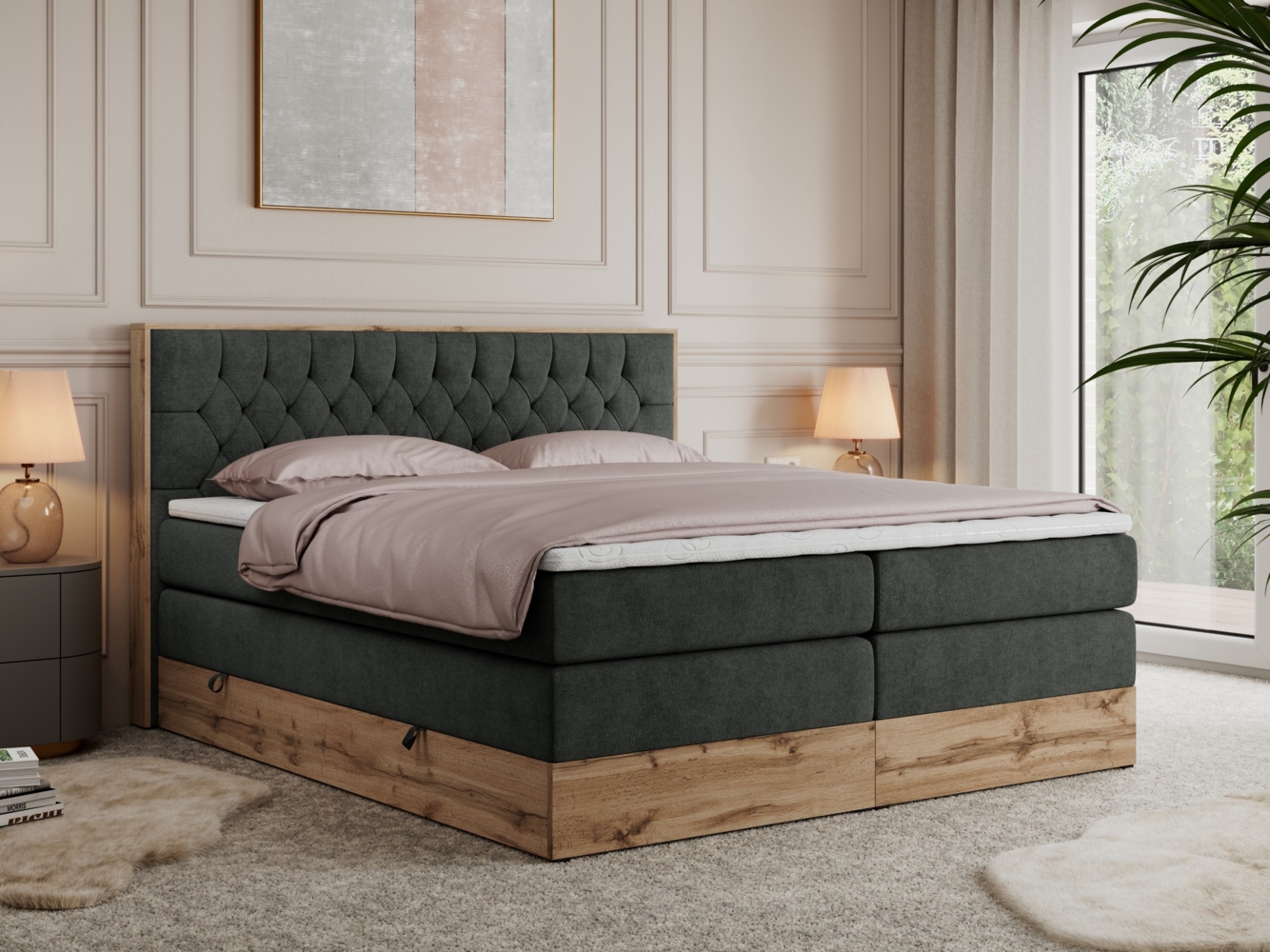 Boxspringbett AMORE KING, Doppelbett mit Multipocket-Matratze, Polsterbett mit Kopfstütze - 160 x 200 cm - Dunkelgrau Stoff - H4 Bild 1