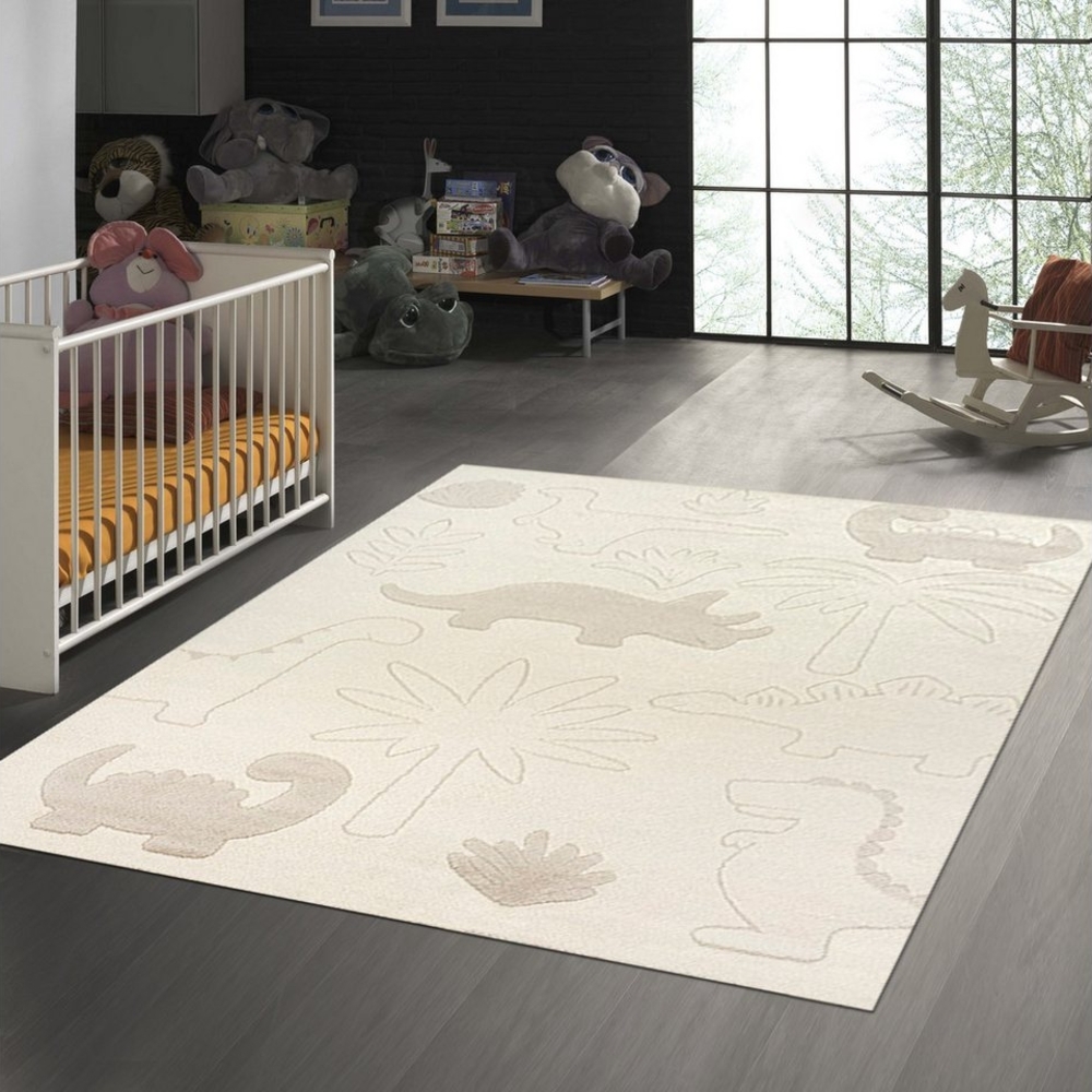 TeppichHome24 Teppich Teppich Kinderzimmer Spielezimmer Dino Pflanzenmuster in creme, rechteckig Bild 1