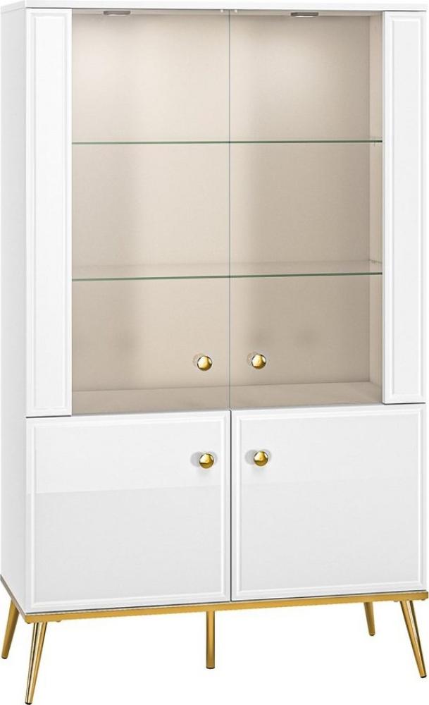 Lomadox Highboard GUBIN-131, weiß Hochglanz, goldfarbene Details, Vitrine mit Glas, 92/152/40 cm Bild 1