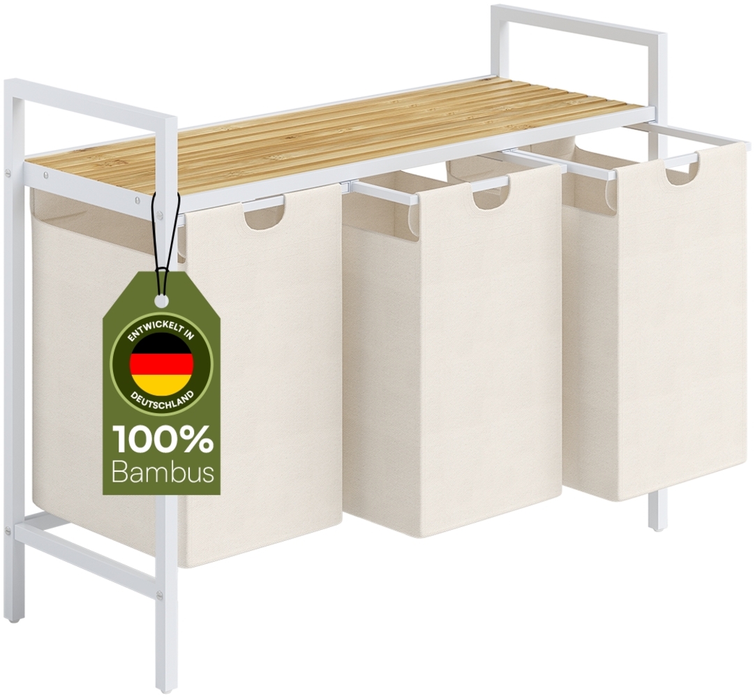 STEELSØN 'Rigil' Wäschesammler, weiß, Wäschekorb inkl. 3 Wäschesäcke je 40 Liter aus Oxford-Gewebe, ausziehbar, Wäschebox mit Bambus-Ablagefläche Bild 1